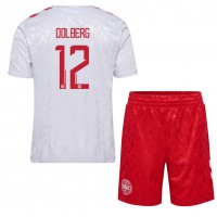 Camiseta Dinamarca Kasper Dolberg #12 Segunda Equipación Replica Eurocopa 2024 para niños mangas cortas (+ Pantalones cortos)